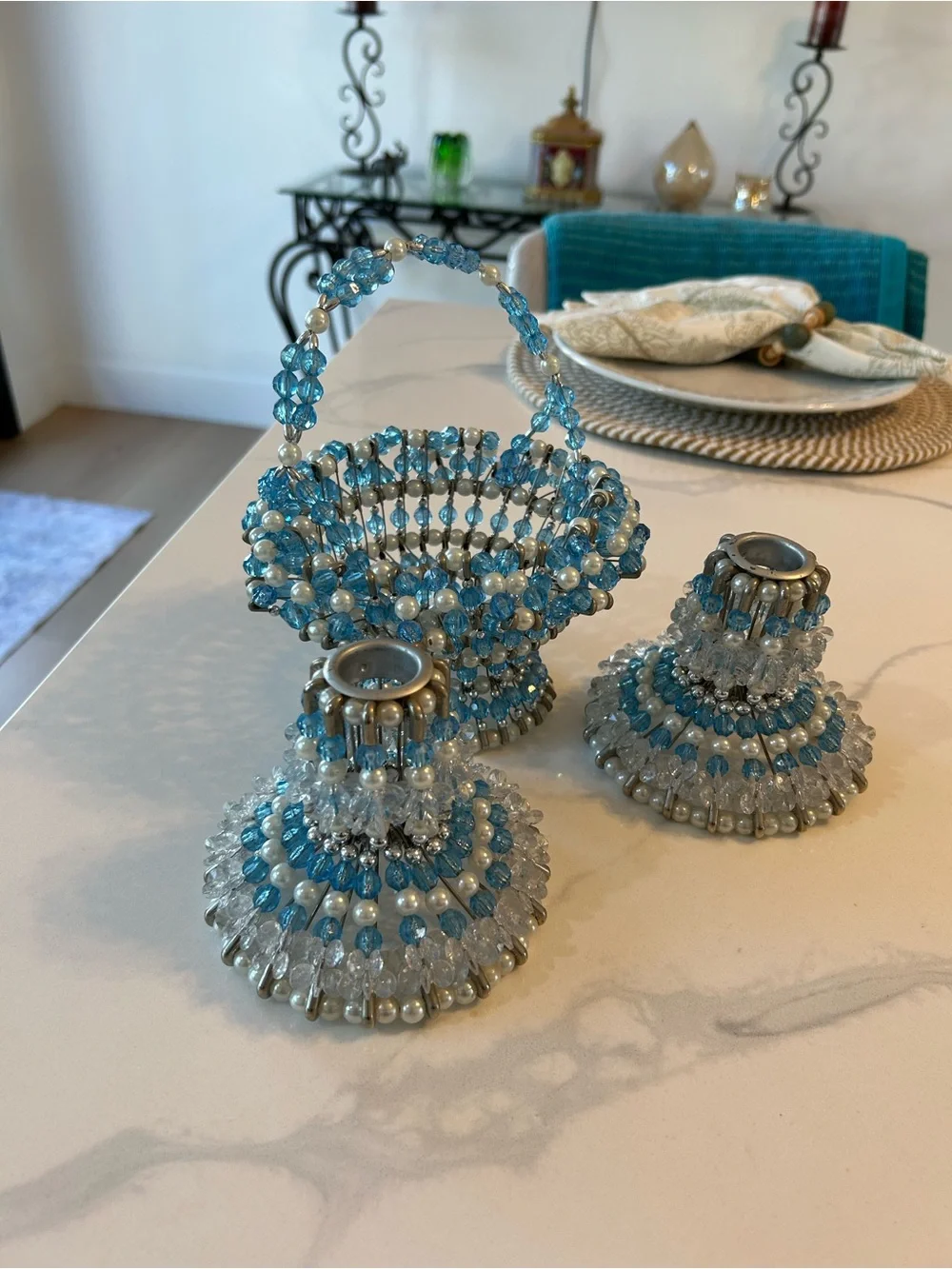 Handcrafted Beaded Blue Basket Safety Pins Lot of 3